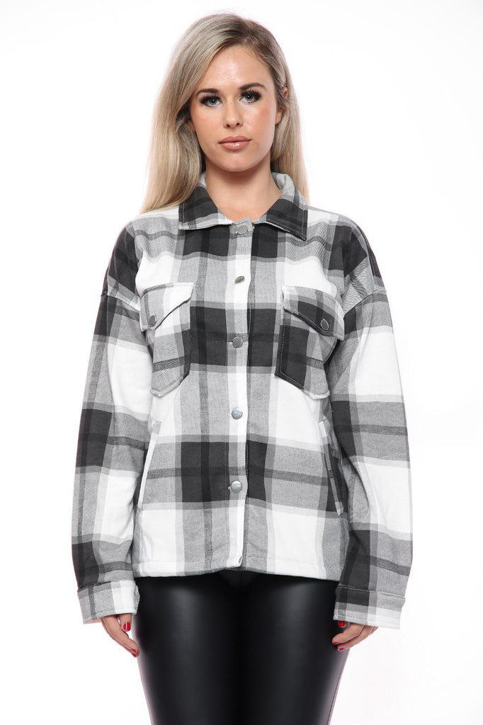 Ladies fleece Oversize Baggy Check Print Casual Jacket Shaket Top Shirt Coat