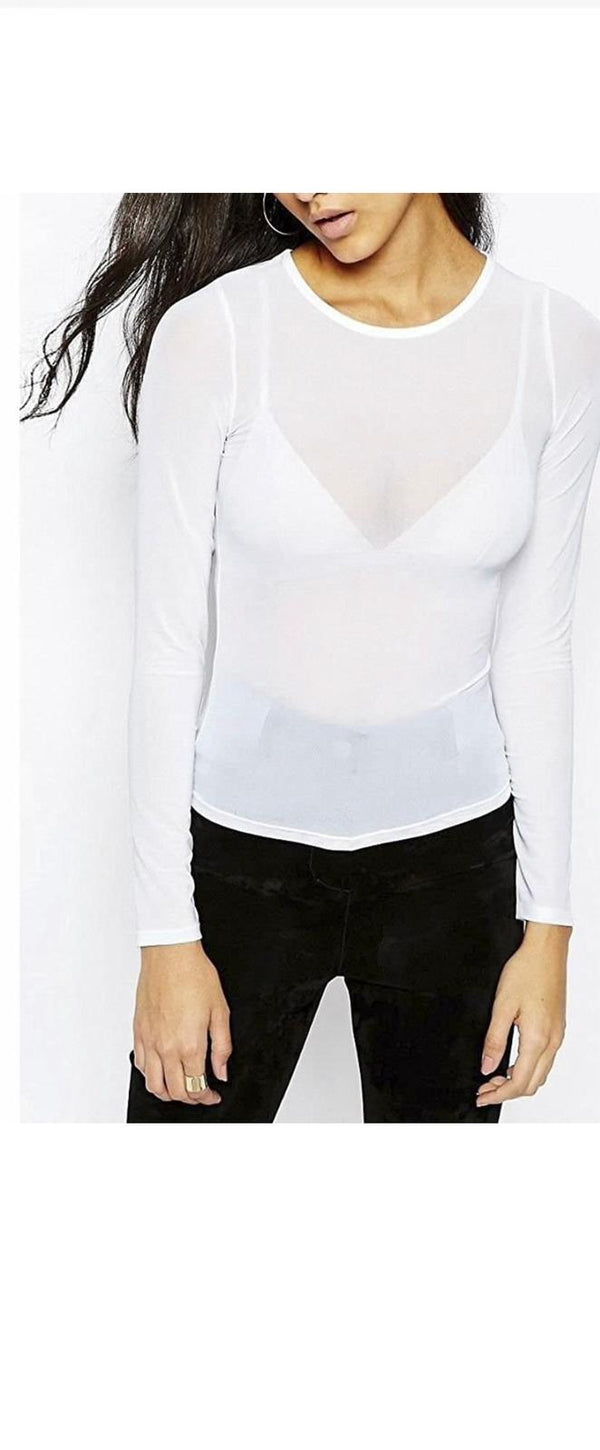 LADIES LONG SLEEVE ROUND NECK MESH TOP