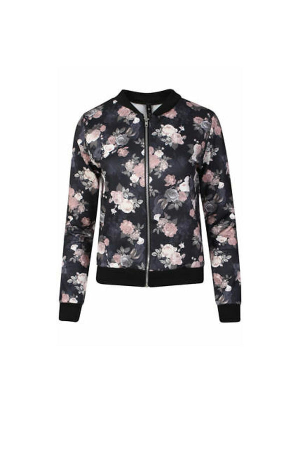 Ladies Rose floral print bomber jacket zipper top