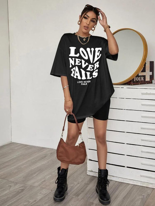 Ladies Love Never Fails Slogan Oversized t shirt Top