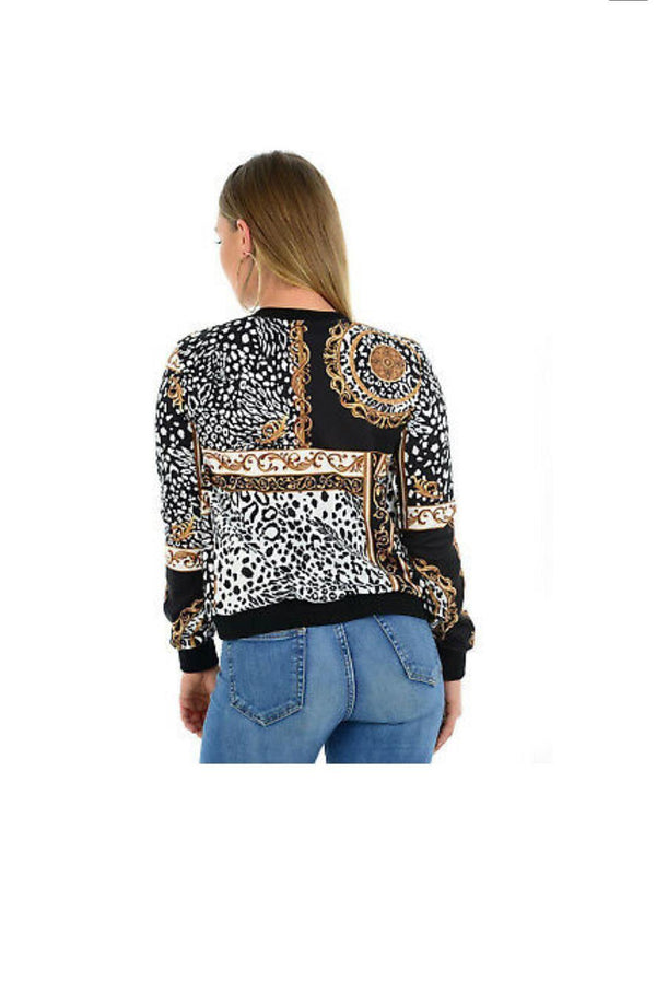 Ladies baroque chain leopard print bomber zipper jacket