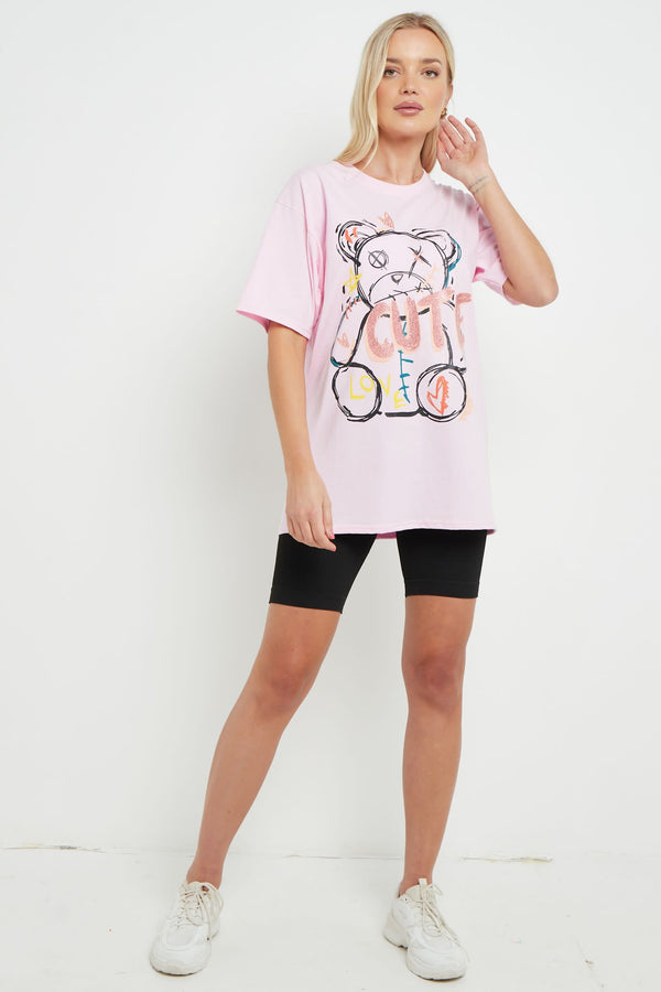 Ladies Cute Teddy Bear Print Over Sized T Shirt