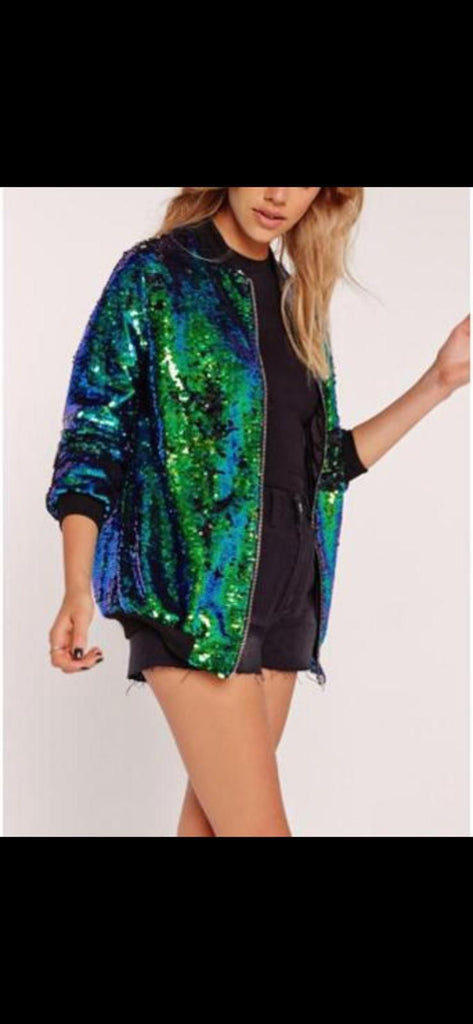 Ladies sequin glitter bomber club dance party festival costume biker jacket